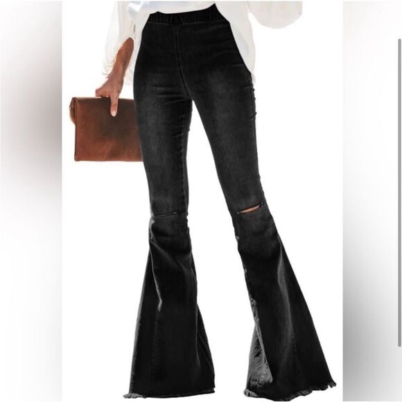 RISEN- Flare High Waist Black Pull On Distressed Vintage Look Raw Hem Jeans- S - Picture 1 of 11